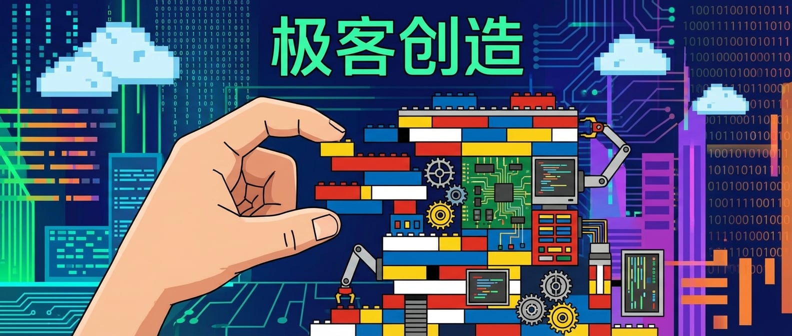 文生图:扁平插画风格,一只巨大的乐高积木手正在将各种形状、颜色统一的小乐高积木拼装成一个复杂的、功能齐全的机器。背景是抽象化的计算机世界,色彩明亮,充满创造力。