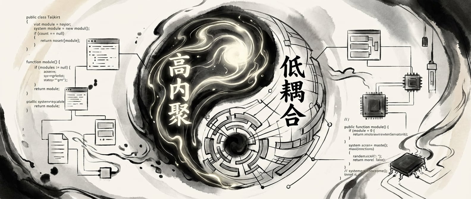 文生图:水墨国风插画,一个巨大的太极图,黑白两色交织流动,其中“阳”的部分以流畅的线条和微光表示“高内聚”,而“阴”的部分则以虚实相生的结构和连接线表示“低耦合”。太极图的周围是抽象化的代码片段和系统模块。整体风格古典而富有哲理,色彩和谐统一。