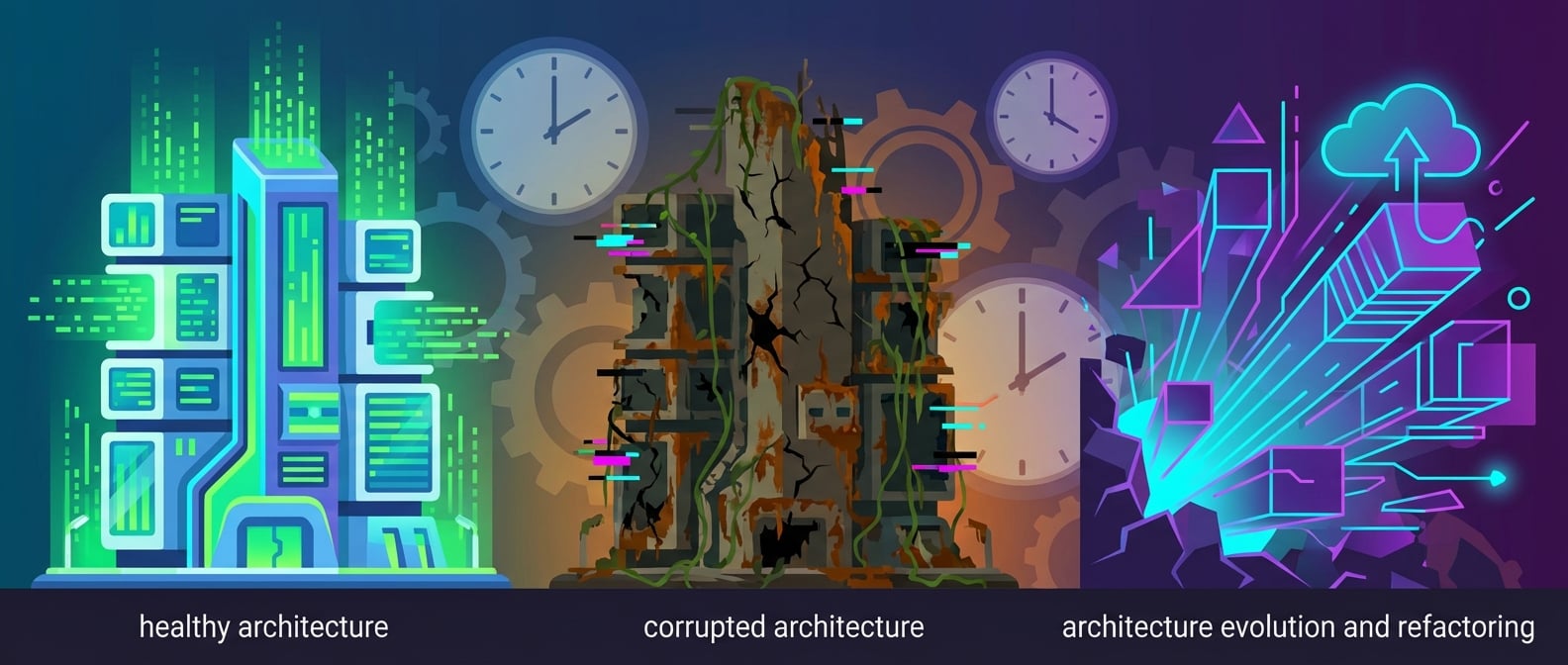 文生图:扁平插画风格,画面中心是一个从左到右演变的系统架构图。左侧是一个生机勃勃的、设计优良的建筑(代表健康架构),但随着时间推移,右侧的建筑开始出现裂缝、锈蚀,藤蔓缠绕(代表架构腐化)。然而,在腐化建筑的废墟之上,新的、更现代化、更灵活的结构(代表架构演进与重构)正在破土而出,焕发新生。背景有时间流逝的钟表和代表技术变化的齿轮。色彩对比,突出腐化与重生的循环。