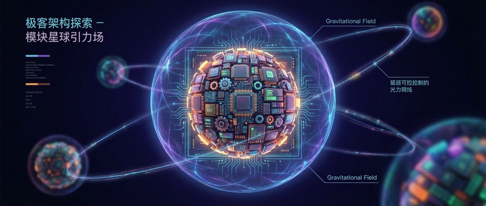 文生图:一个抽象的架构图。中心是一个高密度、边界清晰的“模块星球”,其内部元素紧密围绕核心。星球周围有一个由透明力场构成的“引力场”,力场强度很低,与其他星球的引力线微弱且可控。风格:科幻、抽象、信息图表。