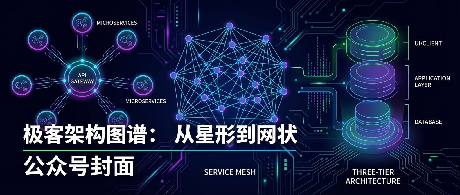 文生图:一个抽象的软件架构图。画面中展示了多种拓扑形态:一个星形结构(中心是API Gateway,周围是微服务)、一个网状结构(服务网格)、一个分层结构(三层架构)。这些拓扑结构由发光的线条和节点构成,清晰地展示了不同的连接模式。风格:抽象、科技感、信息图表。
