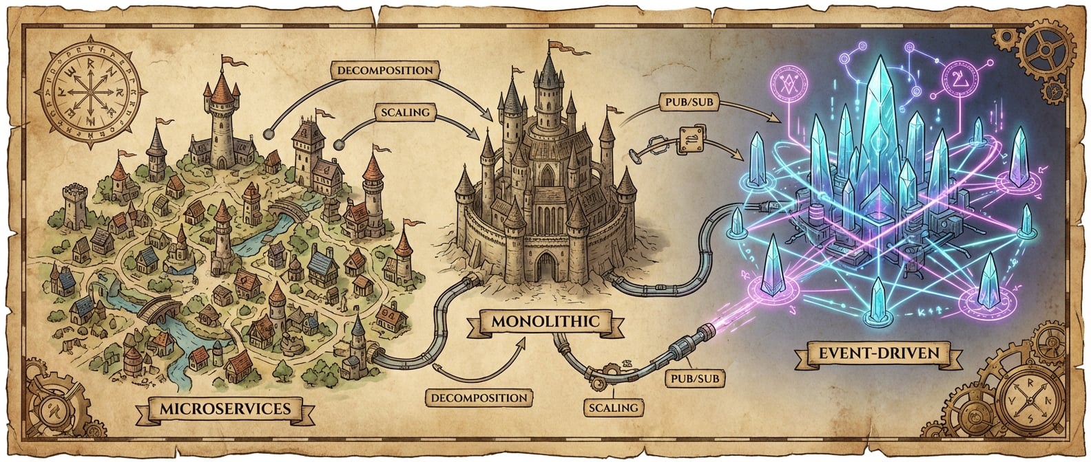 文生图:一份展开的、古老的“地图”,上面绘制着各种风格迥异的“城市”(代表不同的架构模式)。例如,一座巨大的城堡是Monolithic,一个由许多小房子组成的村庄是Microservices,一个由发光节点连接的城市是Event-Driven。地图上用线条连接着这些模式,代表它们之间的关系和演进。风格:奇幻、复古、信息图表。