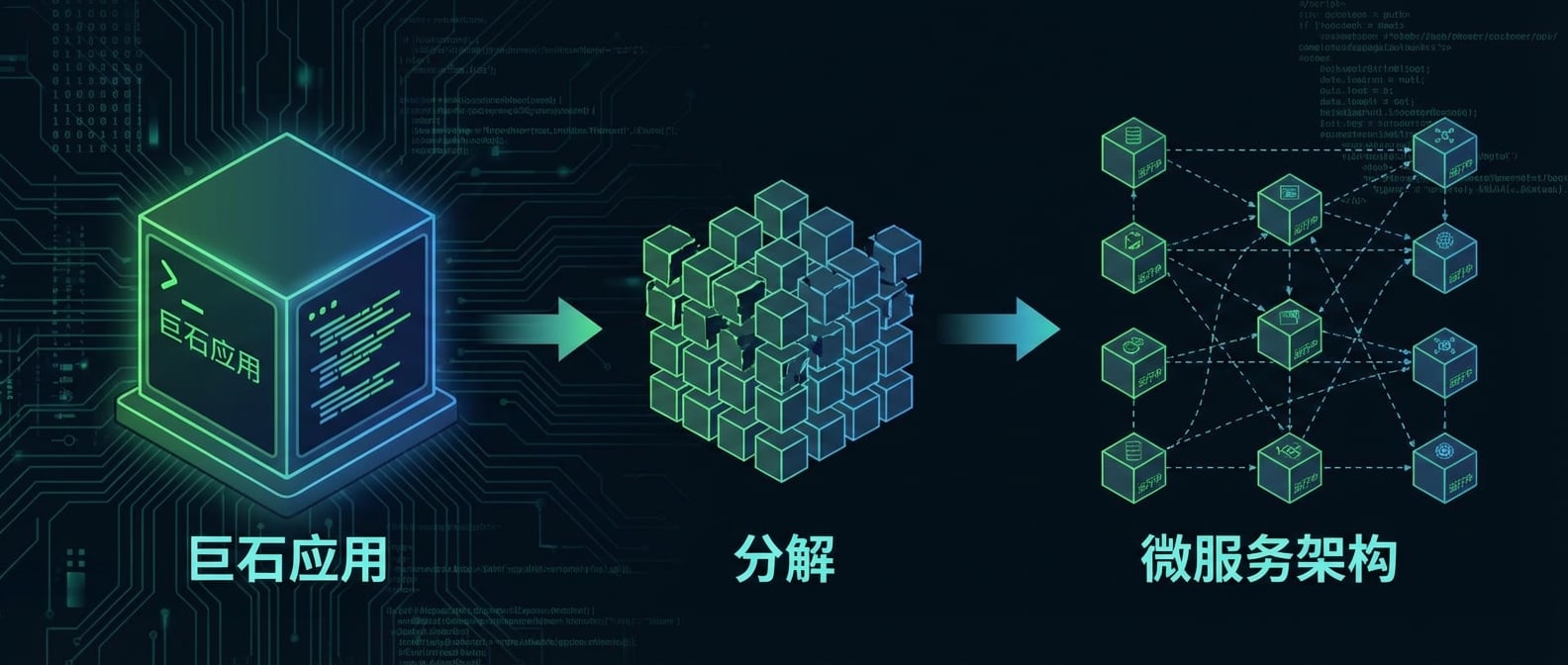 文生图:一个流程图,展示了从左至右的架构演进。左侧是“巨石应用”,由一个巨大的、单一的盒子表示。中间是一个“分解”的过程,盒子裂变为许多小盒子。右侧是“微服务架构”,由许多小盒子(微服务)通过虚线连接组成,每个小盒子都独立运行。风格:简洁、清晰的信息图表。
