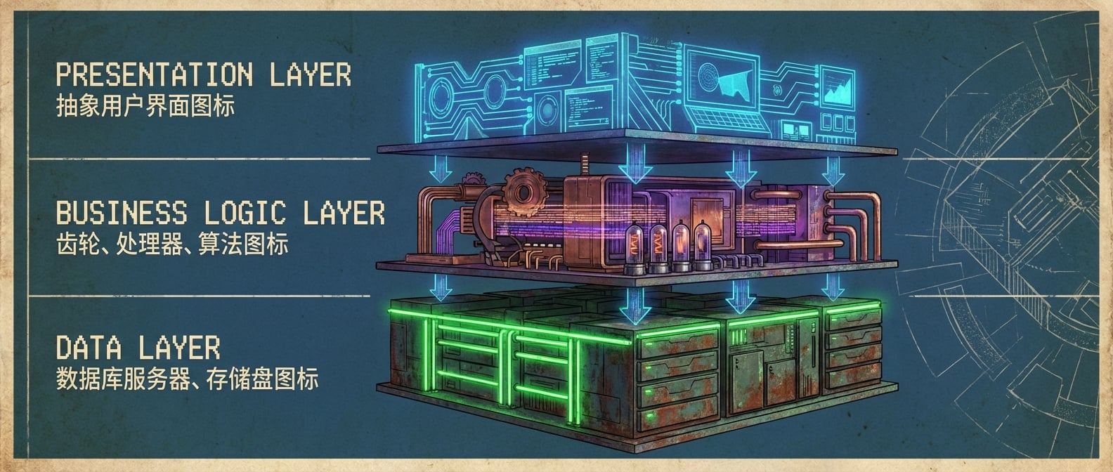 文生图:一个古老的三层架构图。最上面一层是代表用户界面的“表示层”,中间是代表业务逻辑的“业务逻辑层”,最下面是代表数据库的“数据层”。三层之间有清晰的箭头表示依赖关系。风格:抽象、信息图表、几何图形。