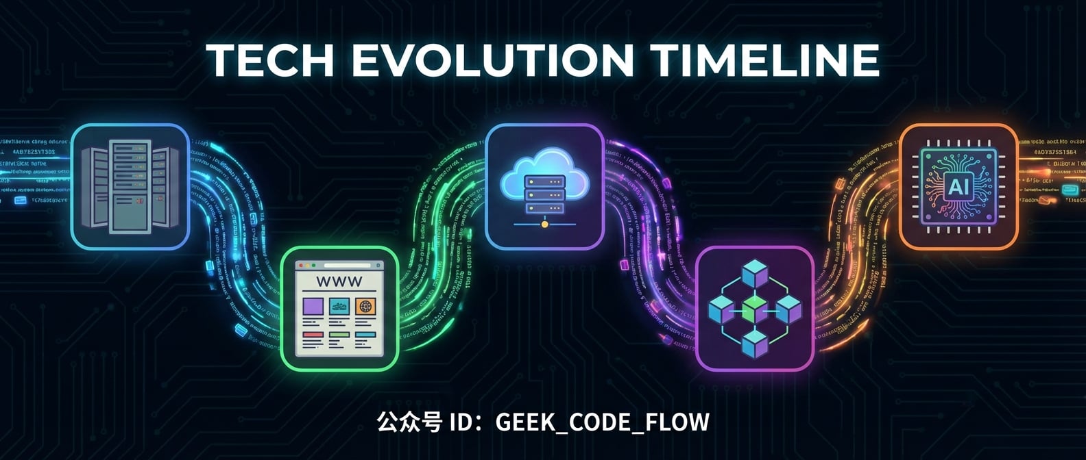 文生图:一张抽象的时间线,上面有几个关键的节点。每个节点都有一个代表该时代建筑风格的图标,如:一个大型机房、一个Web浏览器、一朵云、一个微服务方块、一个AI芯片。时间线由代码流和数据流构成。风格:信息图表、简洁、专业。