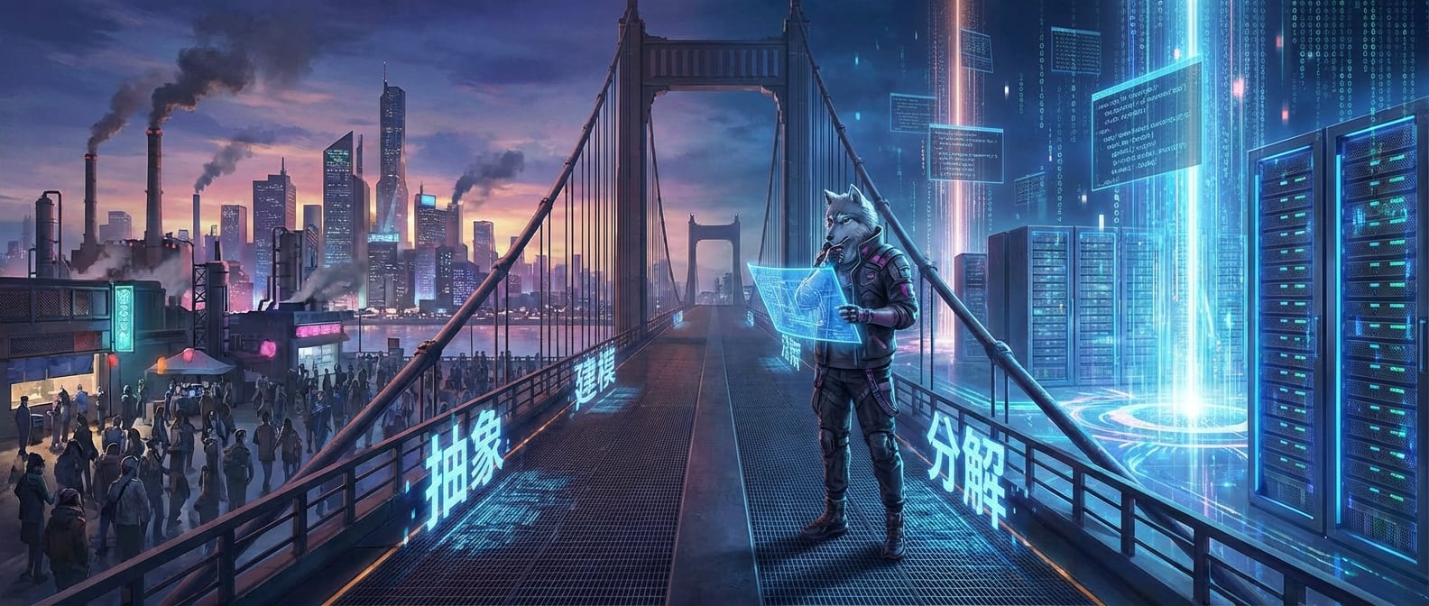 文生图:一座横跨“现实世界”(左侧是繁忙的城市、工厂、人群)与“代码世界”(右侧是服务器机架、代码矩阵、发光数据流)的宏伟桥梁。桥中央,一位架构师(雪狼形象)手持蓝图,正在思考,桥上闪烁着“抽象”、“建模”、“分解”等关键词。风格:概念艺术、对比鲜明、未来感。