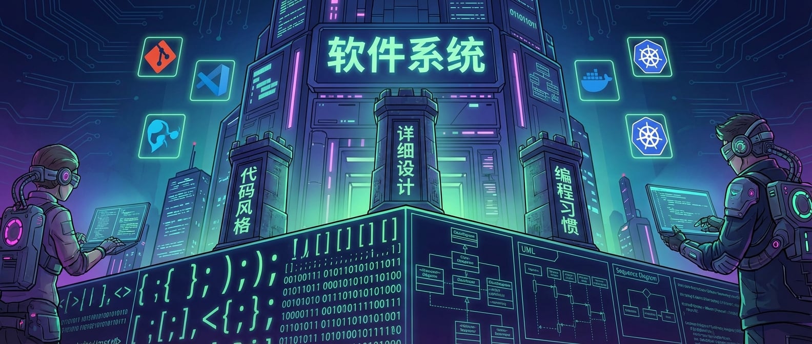 文生图:一个由代码符号和整洁的UML图组成的坚固地基,地基上方是“软件系统”的宏伟建筑。地基上,有“代码风格”、“详细设计”、“编程习惯”三个支柱,支撑着建筑。建筑周围是工具图标和开发者的身影。风格:概念艺术、科技感、坚固。