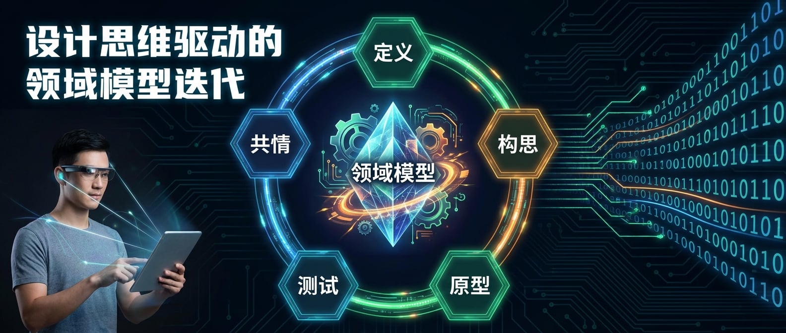 文生图:一个由五个连接的节点(共情、定义、构思、原型、测试)构成的设计思维循环。在循环的中央,有一个“领域模型”的晶体正在被迭代优化。左边是用户(真人),右边是代码(二进制流),它们通过这个循环被连接起来。风格:信息图表、流程、迭代。