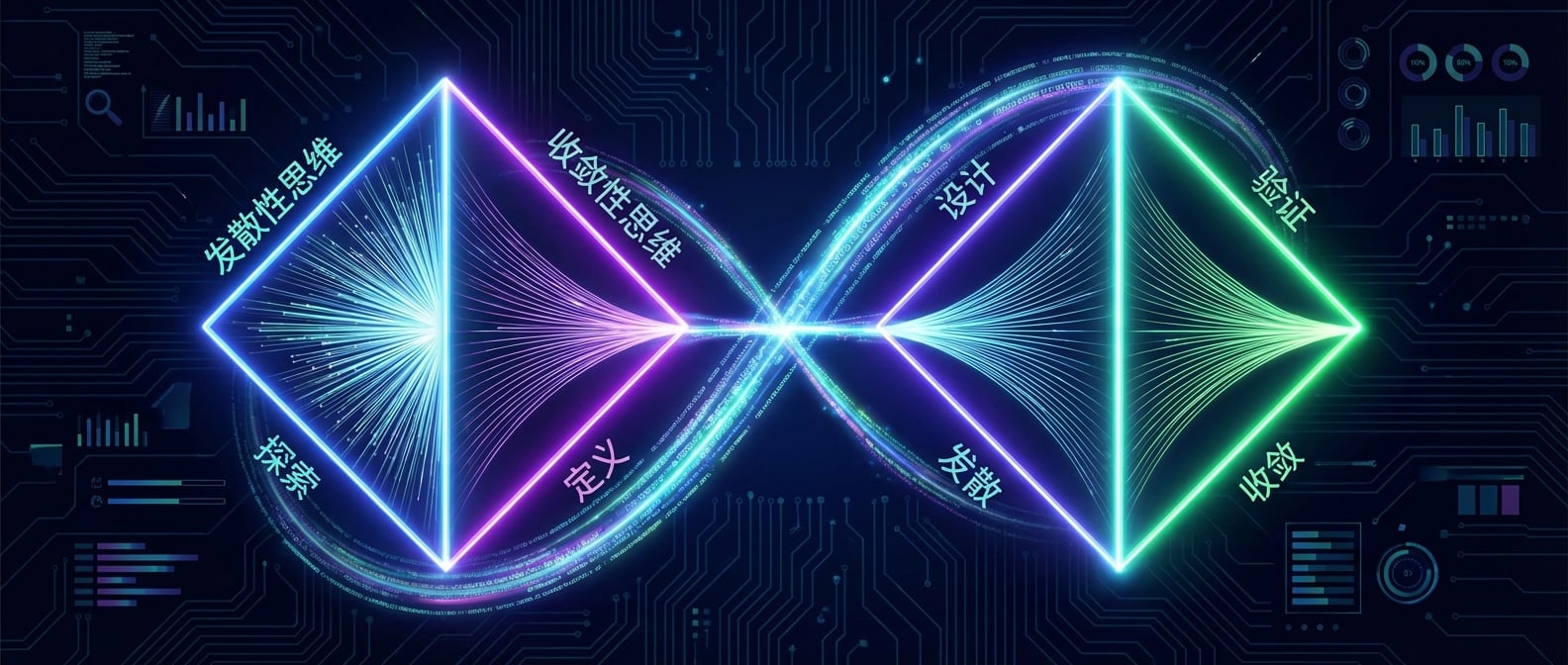 文生图:一个清晰的“双菱形”模型图。第一个菱形左侧是发散性思维(许多线条向外散开),右侧是收敛性思维(许多线条向内汇聚),中间用“探索”和“定义”标注。第二个菱形左侧是“设计”发散,右侧是“验证”收敛。整个图形呈现动态的、迭代的创新过程。风格:信息图表、流程、抽象。