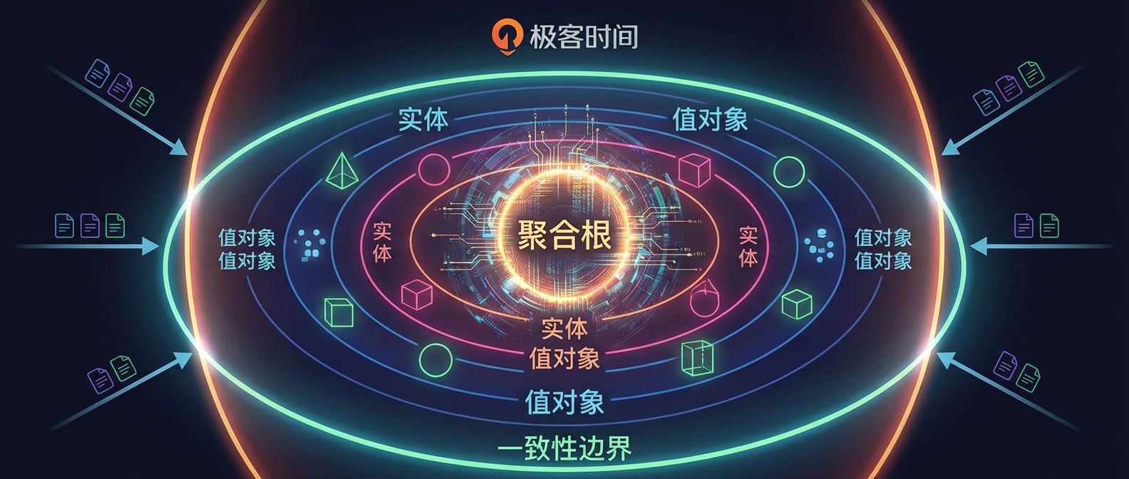 文生图:一个由多个同心圆组成的抽象图。最内层的核心是一个闪耀的“聚合根”,它被多个“实体”和“值对象”环绕。最外层是一个明确的“一致性边界”光环,光环外部有箭头指向聚合根,但不能直接进入。风格:概念艺术、抽象、严谨。