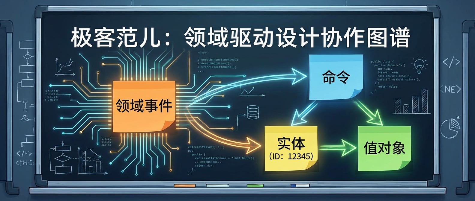 文生图:一个白板,左侧是橙色的“领域事件”便签,右侧是蓝色的“命令”便签。命令便签下方有黄色的“实体”便签(有ID标识)和绿色的“值对象”便签(无ID标识)。箭头连接着事件、命令、实体和值对象,展示它们的因果关系和所属。风格:信息图表、协作、简洁。