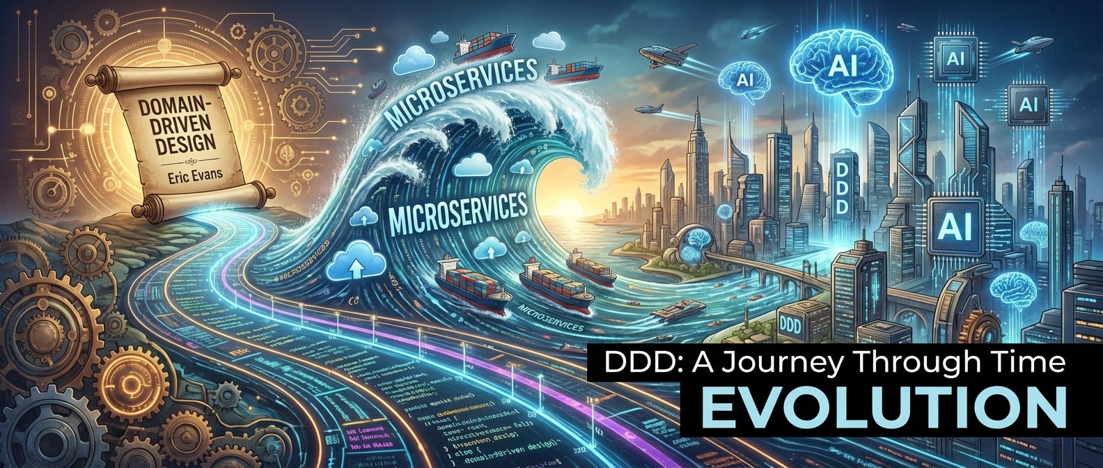 文生图:一个由时间线构成的河流,河流的起点是一个古老的卷轴(代表Eric Evans的书),河流中段有一个巨大的“微服务”浪潮,将卷轴托起。河流的终点是一个现代化的城市(象征“飞入寻常百姓家”),城市上方有AI和未来科技的元素。整个画面充满历史感和科技感,暗示DDD的演进。风格:概念艺术、时间线、演变。