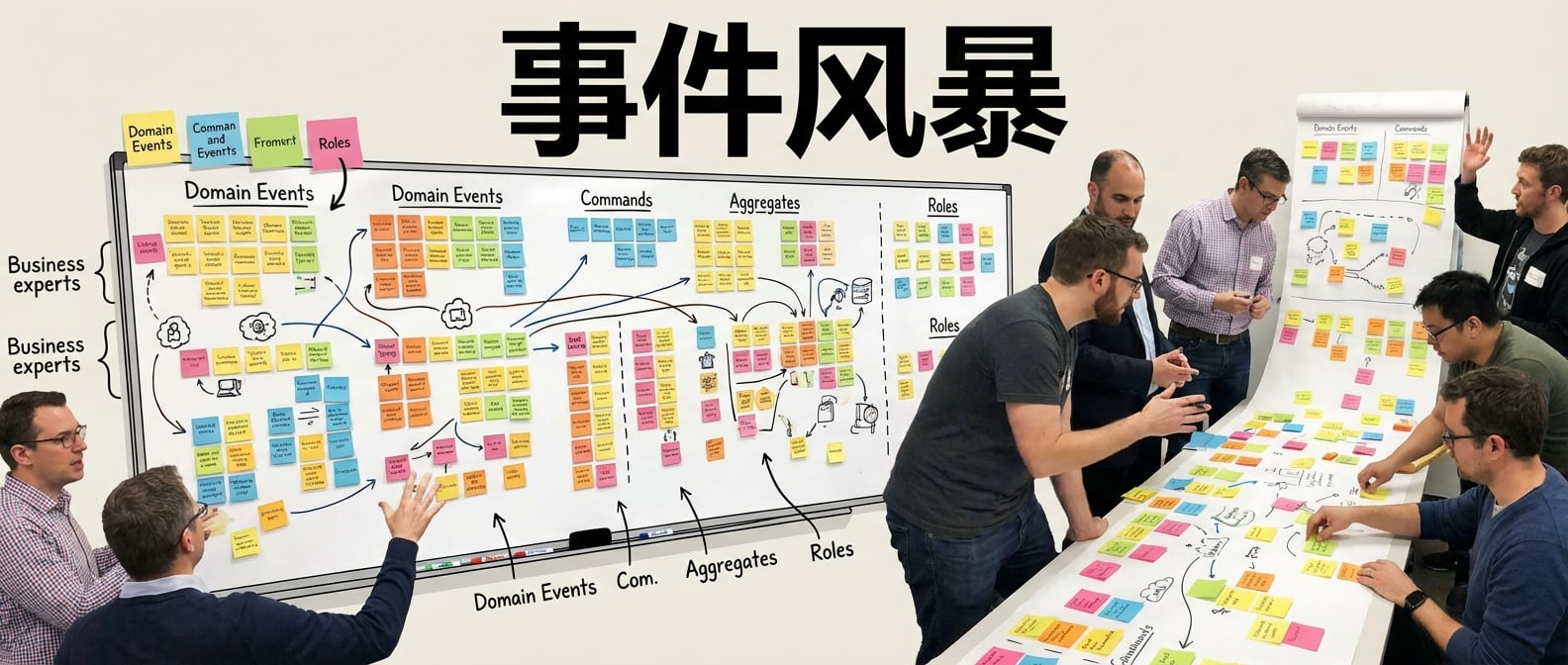 文生图:一个巨大的白板或长纸卷,上面贴满了各种颜色、形状各异的便利贴,代表着领域事件、命令、聚合、角色等。一群不同角色的人(业务专家、架构师、开发者)围在白板前,积极讨论,手舞足蹈,充满活力。画面顶部有“事件风暴”的字样。风格:信息图表、协作、动态、头脑风暴。