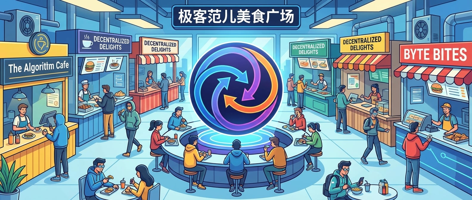 文生图:扁平插画风格,一个现代化的美食广场,中心有一个巨大的联邦宇宙标志,周围是多个独立但风格和谐的美食摊位,食客在摊位间自由穿梭,色彩明亮,富有活力。