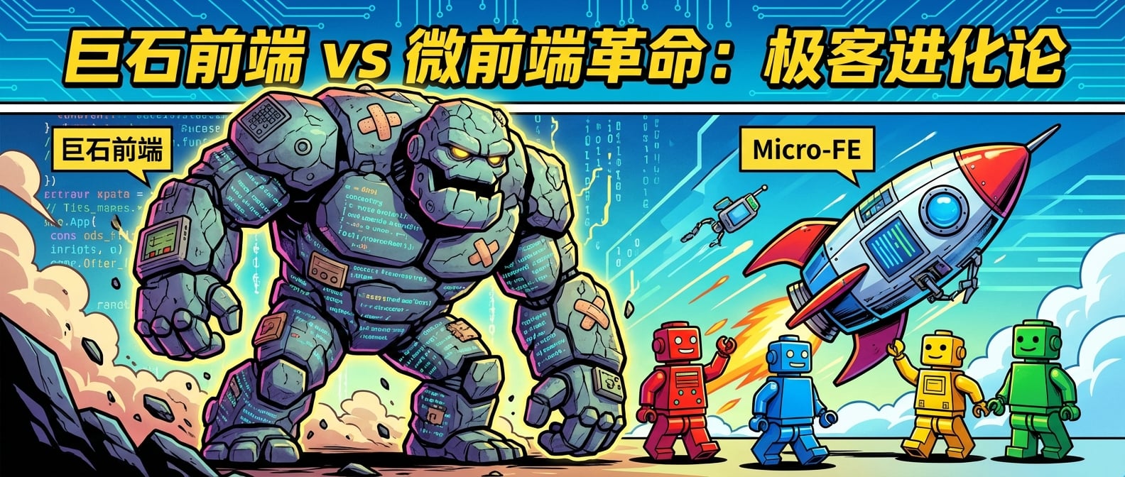 文生图:一个巨大的、由代码构成的“巨石前端”正在缓慢而笨重地移动,它的身躯上布满了裂痕和补丁。旁边,一个由许多小巧、色彩鲜明的“乐高积木”(代表微前端)组成的团队,正在敏捷、快速地组合成一个整体,形成一个功能强大的应用。风格:对比鲜明的卡通、概念插画。