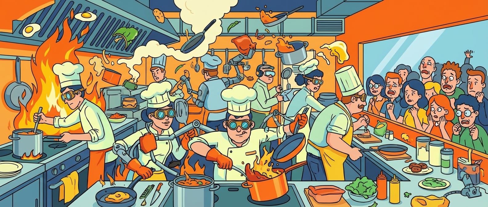 文生图:扁平插画风格,一个巨大的、混乱的厨房,厨师们挤在一起,锅碗瓢盆乱飞,火焰和蒸汽弥漫,背景是焦急等待的顾客,色彩饱和度高,略带幽默感。