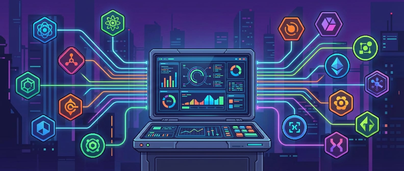 文生图:扁平化插画风格,一个主应用页面像一个中央控制台,上面有多个不同颜色和形状的微前端应用图标,通过线条连接到控制台,象征着统一调度和管理。色彩现代科技感。