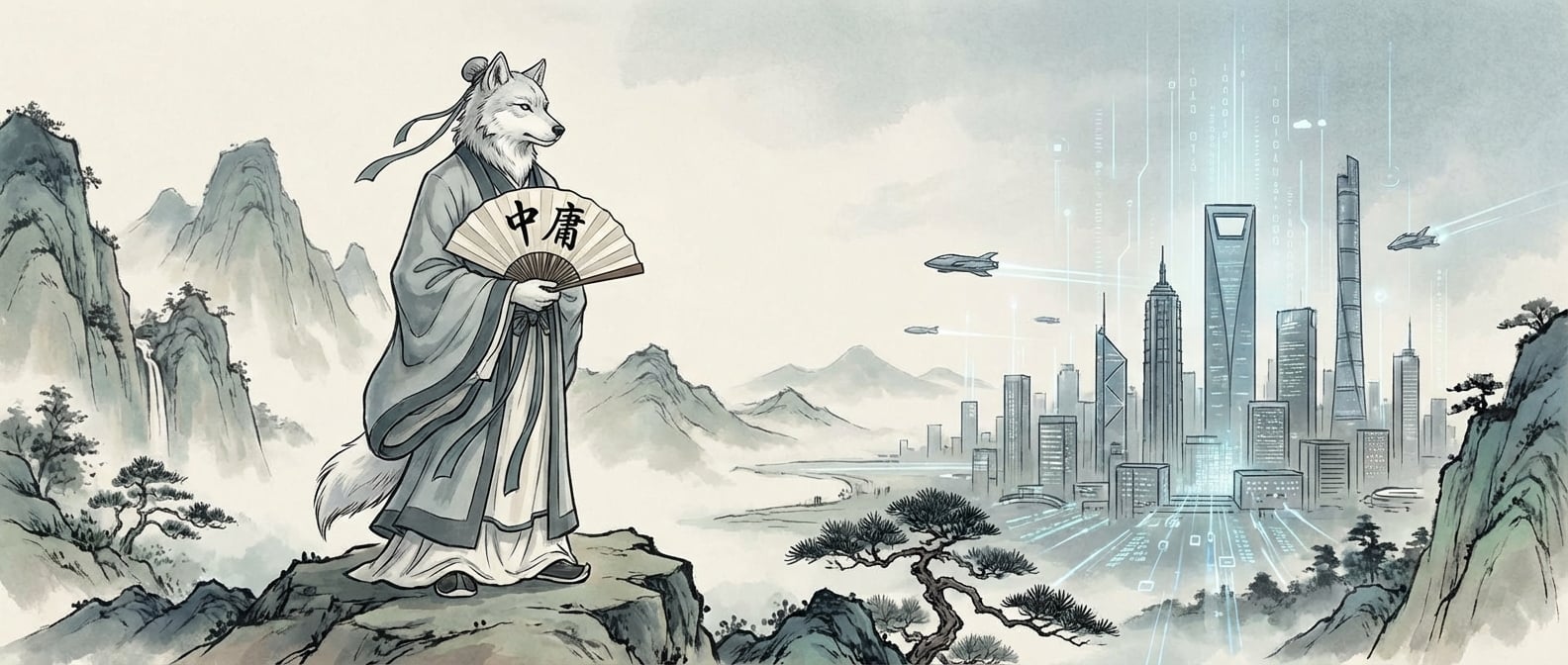 文生图:水墨国风插画,一位身着古装的智者(雪狼形象)站在山水之间,手持一柄刻有“中庸”二字的折扇,远处是现代化的城市天际线,象征着传统智慧与现代技术的融合。色彩淡雅,意境深远。