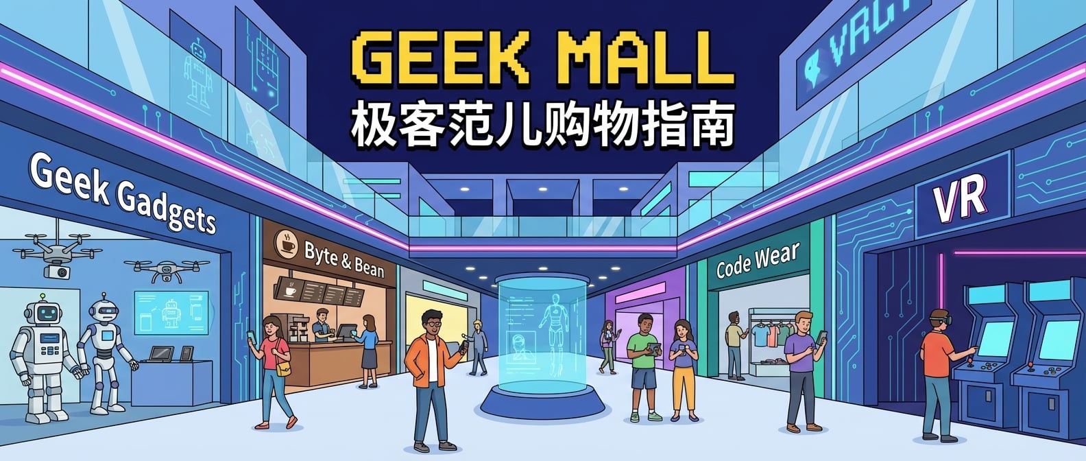 文生图:扁平化矢量插画,一个现代化的购物中心,内部有多个风格各异的店铺,顾客在其中穿梭,色彩明亮,线条简洁。