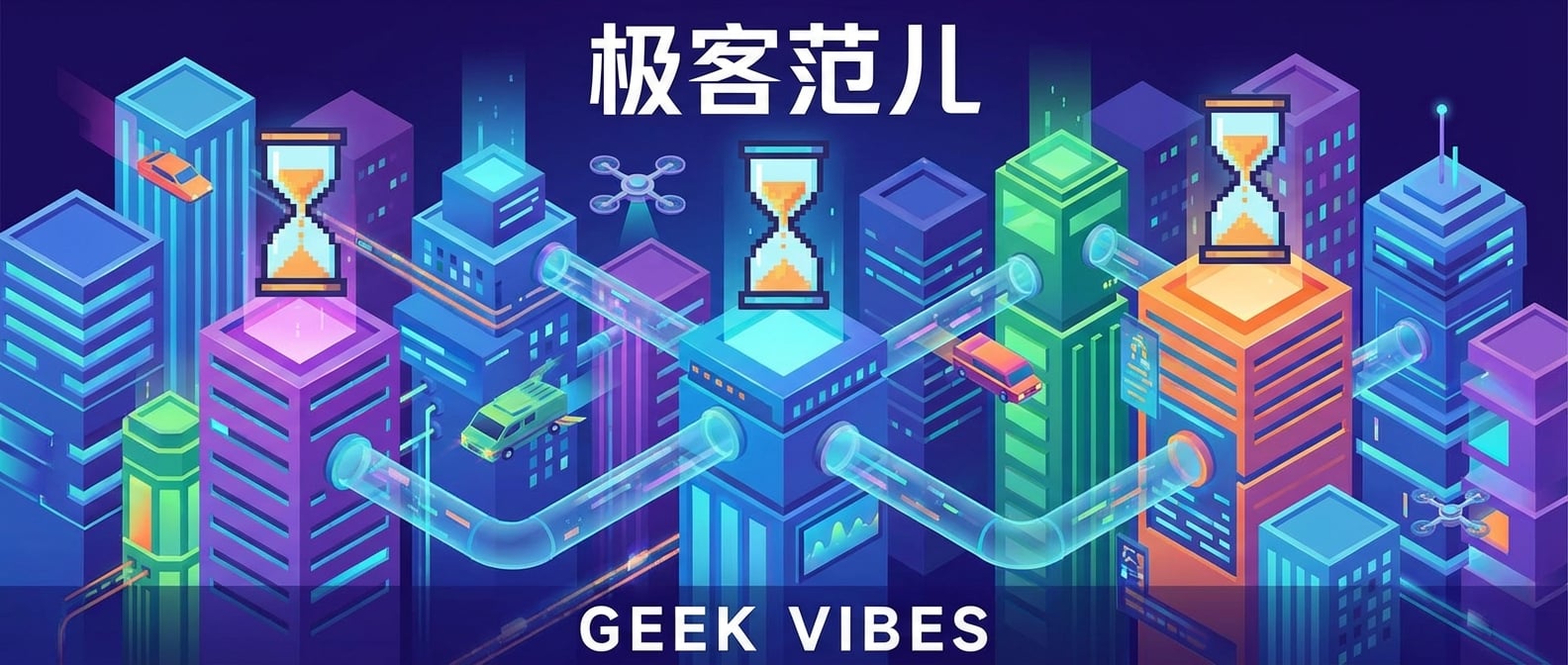 文生图:扁平插画风格,一座充满科技感的未来数字城市,城市中有许多独立但又相互连接的模块化建筑,车水马龙,充满活力,但其中一些建筑上方有缓慢的沙漏图标,色彩明亮,光影细节丰富。