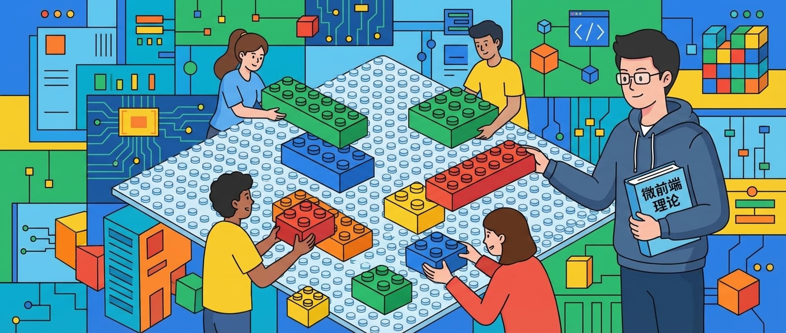 文生图:扁平插画风格,画面中心是一个巨大的“乐高”积木底板(代表主应用)。各种颜色和形状的乐高积木(代表微应用)正在被不同的人(代表不同的前端团队)拼接到这个底板上,每个积木都有清晰的接口,相互连接但又保持独立。一个程序员(代表实践者)手持一本带有“微前端理论”字样的书,正指导大家如何将积木正确组装。背景是抽象的数字模块,突出模块化和组合性。色彩明亮,富有创造力。