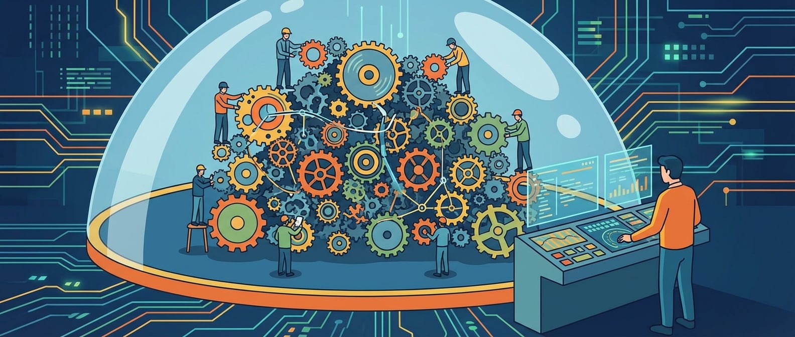 文生图:扁平插画风格,画面中心是一个由多个独立小齿轮(微服务)组成的复杂机械装置。每个小齿轮上都有一个微型工程师(代表单元测试)在检查其功能,小齿轮之间有连接线,线路上有工程师(代表集成测试)在检查连接。整个机械装置的外部有一个巨大的安全罩,罩外有一个工程师(代表端到端测试)在操作控制台,模拟用户输入,观察整个装置的运行情况。背景是抽象的数字电路板。色彩清晰,突出系统复杂性与测试的严谨性。