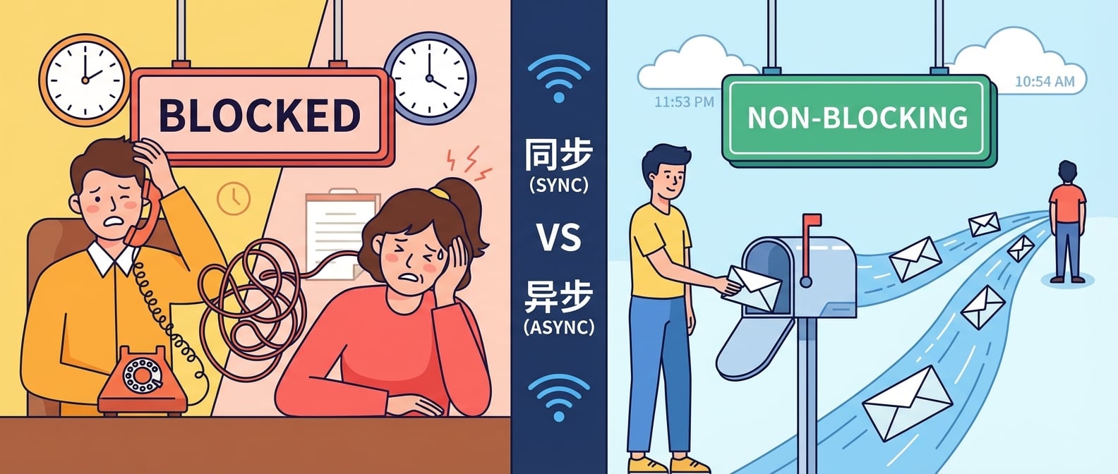 文生图:扁平插画风格,描绘了两种截然不同的通信方式。左侧是一个人正在打电话,电话线连接到另一个人,强调即时和阻塞。右侧是一个人将信件投入邮筒,信件飞向远处的另一个人,强调非阻塞和稍后处理。整个画面色彩明亮,线条简洁,突出同步与异步的对比。