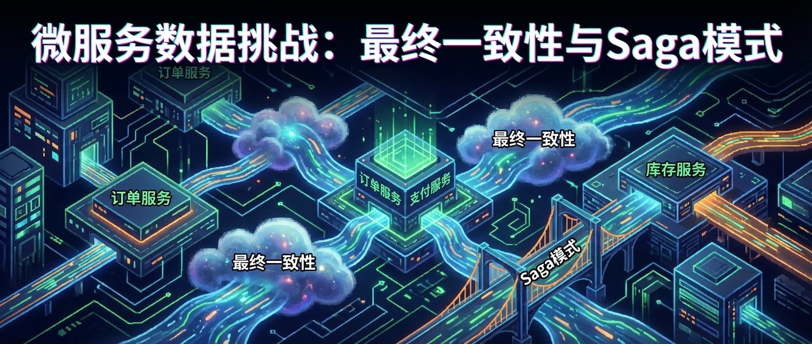 文生图:一个复杂的微服务架构图,多个独立的服务(方块)通过线条相互连接。在服务之间,数据流像细小的河流一样流动,有些河流旁边有“最终一致性”的云朵,有些河流则通过“Saga模式”的桥梁连接。画面强调了数据在分布式系统中的流动和同步挑战。风格:概念艺术、科技感、数据可视化。