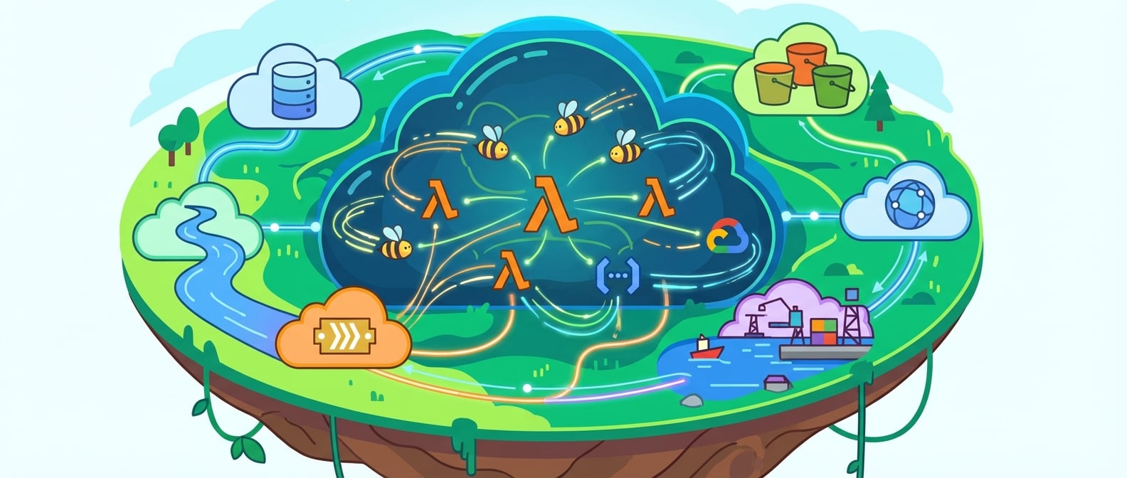 文生图:扁平插画风格,画面中心是一个巨大的、生机勃勃的“云端生态系统”。这个生态系统的中央是许多漂浮着、由光线连接的Serverless函数(Lambda、Cloud Functions),它们像忙碌的蜜蜂。周围环绕着各种云服务图标:数据库(像一个数据湖)、消息队列(像河流)、存储桶(像仓库)、API网关(像繁忙的港口)、CDN(像全球网络)。这些服务通过光线和数据流彼此连接,形成一个自给自足、高效协作的有机整体。色彩明亮,突出云服务的互联互通和生命力。