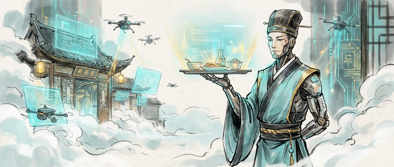 文生图:水墨国风插画,一个身着古装的智能跑堂,手持托盘,托盘上是闪烁着代码光芒的精致菜肴,背景是云雾缭绕的茶馆,充满科技感与古典韵味。色彩以青色和金色为主,光影柔和。