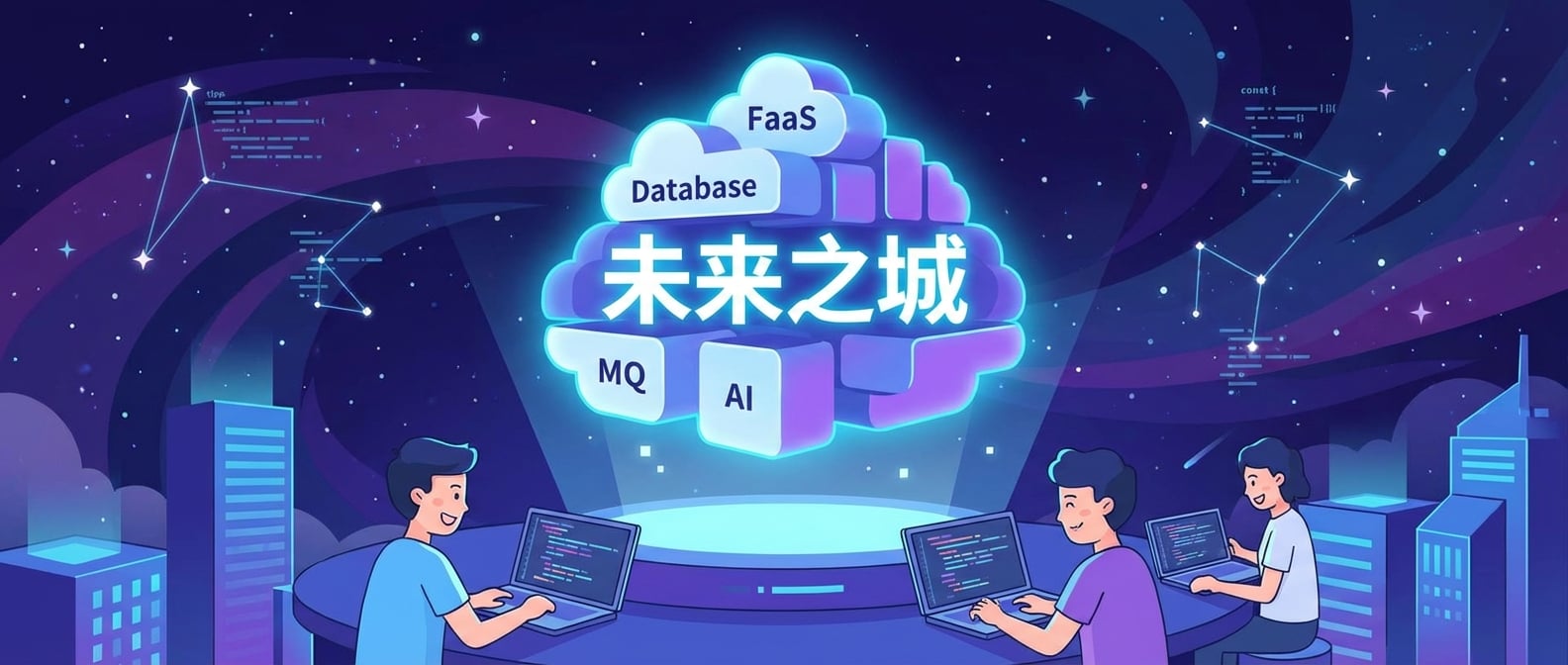 文生图:扁平插画风格,画面中心是一个巨大的、发光的“未来之城”,没有传统的服务器机房,只有各种功能模块(Serverless函数、数据库、消息队列等)像漂浮的云朵或积木般,高效且自由地运行在空中。城市的地面是开发者们轻松愉悦地编写代码,无需为基础设施担忧。远方是更广阔的宇宙,暗示无限的扩展性和可能性。整个画面充满科技感、未来感和开放性。色彩以蓝色、紫色和白色为主,营造浩瀚与智慧的氛围。