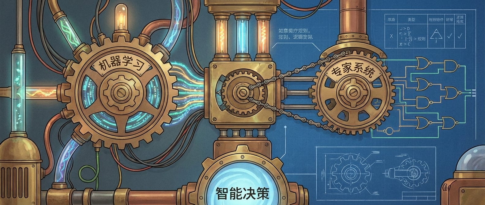 文生图:一个由齿轮和线路构成的复杂机器。左侧的齿轮标着“机器学习”,由数据流驱动。右侧的齿轮标着“专家系统”,由规则链驱动。两个齿轮通过一个中央的联动装置相互连接,共同驱动着一个输出口,输出“智能决策”。风格:蒸汽朋克、信息图表。
