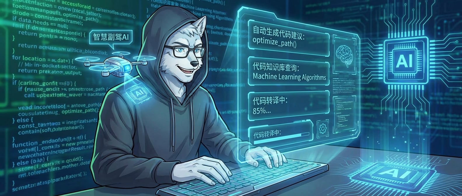 文生图:一位程序员(雪狼形象)坐在代码屏幕前,他的肩膀上停着一个发光的、类似微型无人机的“智慧副驾AI”。AI副驾投射出全息图,显示着自动生成的代码建议、代码知识库查询结果、以及代码转译的进度。程序员面带微笑,高效工作。背景是抽象的代码流和AI芯片的图案。风格:科幻、协作、未来感。