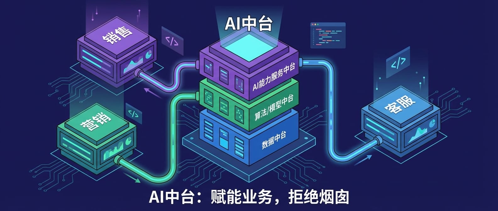 文生图:一个由多个业务部门(如销售、营销、客服)环绕的中央“中台”建筑。中台的底层是“数据中台”,中间是“算法/模型中台”,顶层是“AI能力服务中台”。每个部门都通过管道连接到中台的不同层次,获取所需的服务,避免了各自搭建“烟囱式”的AI系统。风格:扁平化、信息图表、模块化建筑。