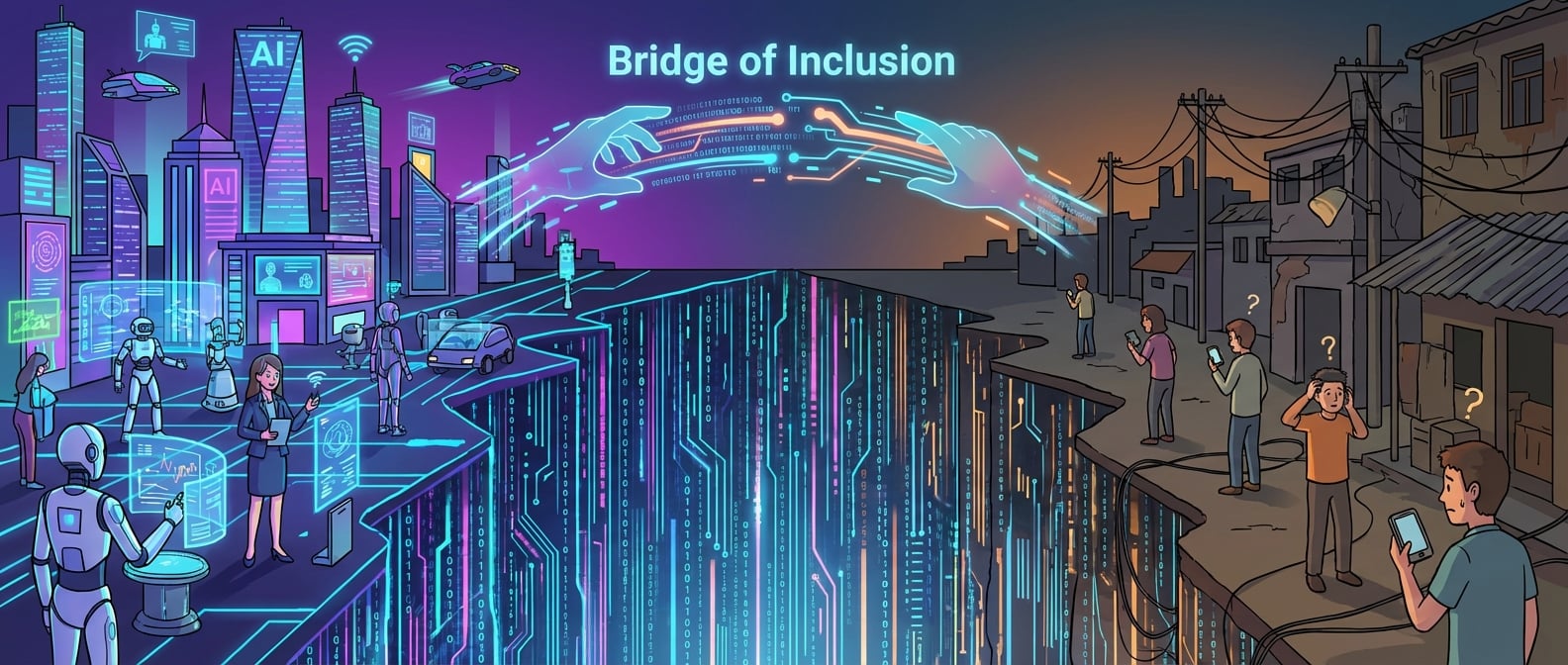 文生图:扁平插画风格,画面中心是一道巨大的、由闪烁的数字光线构成的“鸿沟”。鸿沟的一侧是繁华的AI驱动的未来城市,人们在智能设备的环绕下高效工作、享受生活;另一侧是相对落后、光线昏暗的区域,人们手持老旧设备,眼神迷茫。在鸿沟上方,有一座正在修建的、由数据流和人手共同搭建的“普惠桥梁”,连接着两端。色彩对比强烈,突出不平等与弥合。