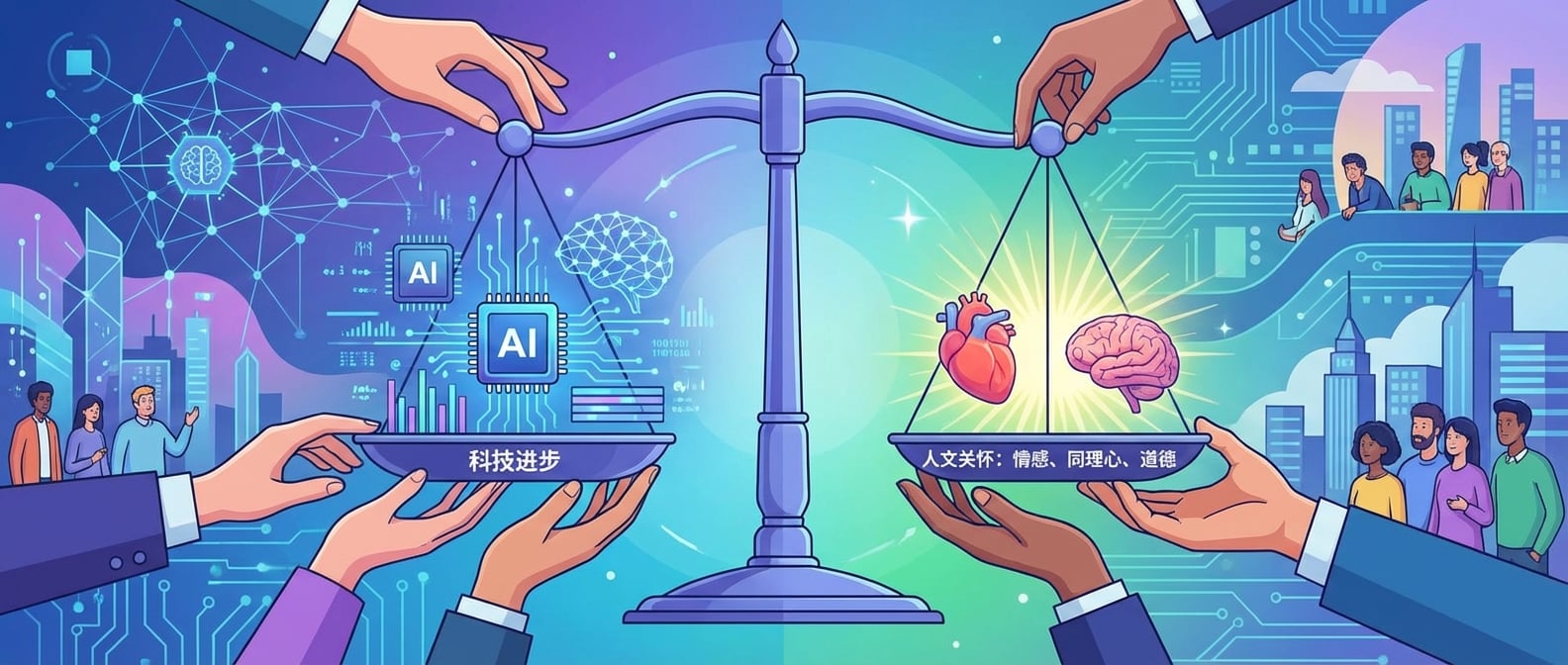 文生图:扁平插画风格,画面中心是一个巨大的、平衡的“天平”。天平的一端是闪烁着光芒的AI芯片、神经网络和数据流,象征“科技进步”;另一端是一个发光的心脏、一个大脑(象征“人文关怀”:情感、同理心、道德)。天平处于完美平衡状态,周围有手(象征人类社会)在小心翼翼地维护这种平衡。背景是抽象的数字网络和人类社会场景的融合。色彩以蓝色、紫色和绿色为主,突出平衡与和谐。