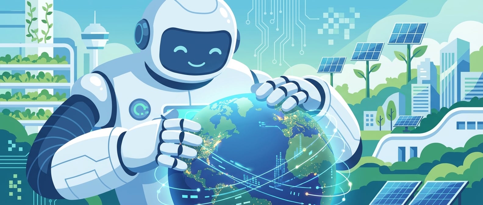 文生图:扁平插画风格,画面中心是一个巨大的、友善的AI机器人,它没有凶恶的表情,而是微笑着,用它的机械手轻抚着一个地球模型。地球模型上,城市的灯光亮起,数据流在空中交织,象征着AI对社会各领域的积极改造。背景是科技与自然的和谐融合,没有恐慌,只有进步与希望。色彩以蓝色、绿色和白色为主,营造平静、积极、充满未来的氛围。