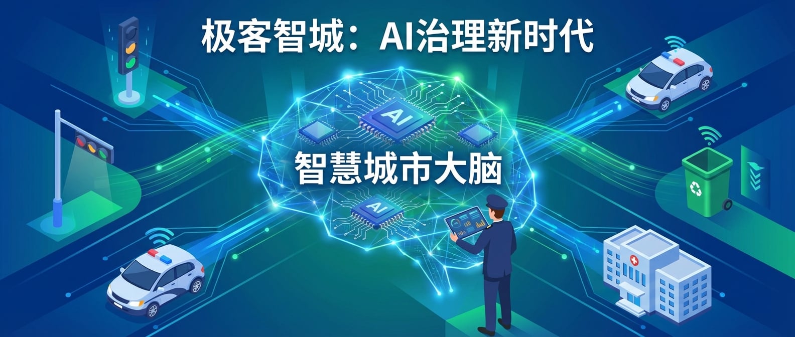文生图:扁平插画风格,画面中心是一个巨大的、发光的“智慧城市大脑”,由交错的数字网络和AI芯片组成。大脑向外辐射出光线和数据流,连接着城市的各个角落:智能交通灯、无人巡逻车、智能垃圾桶、应急响应中心。一个代表政府官员的形象站在大脑前,手持平板电脑,查看实时数据和预测。整个画面突出AI在城市治理中的核心地位和高效运作。色彩以蓝色和绿色为主,营造科技感和秩序感。