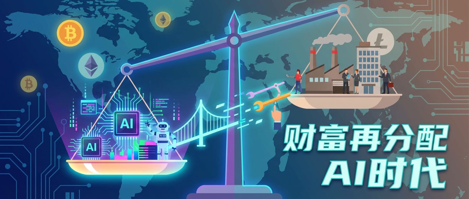 文生图:扁平插画风格,画面中心是一个巨大的、倾斜的天平,象征“财富再分配”。天平的一端是发光的AI芯片、机器人和数据流,另一端是传统的工厂、办公室和人力。AI侧明显重于传统侧,导致天平倾斜,但有新的桥梁和工具正在连接两端,暗示平衡和转型。背景是抽象的全球经济图谱和数字货币符号。色彩对比强烈,突出变革与不确定性。