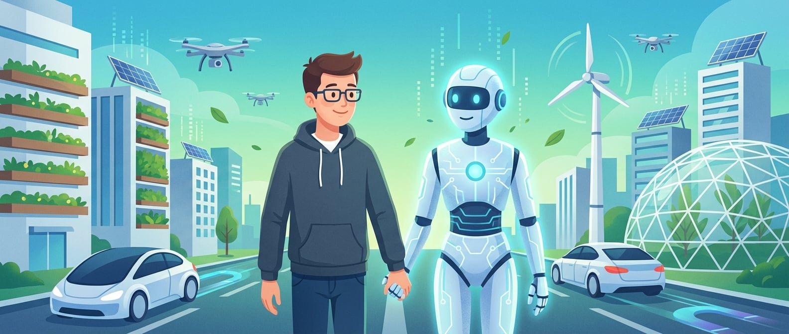 文生图:扁平插画风格,画面中心是一位人类形象与一位友善的AI机器人形象手牵手,行走在充满科技感和自然和谐的未来城市中。城市中有自动驾驶车辆、智能家居、可再生能源建筑,天空中有无人机。AI机器人与人类表情温和,相互信任。背景是渐变的蓝色和绿色,象征科技与生态的融合。突出AI与人类共存、协作的温馨场景。