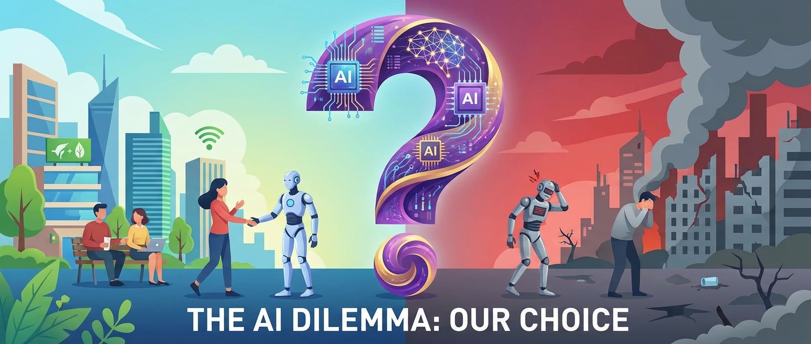 文生图:扁平插画风格,画面中心是一个巨大的、充满未来感的“问号”,由AI芯片、神经网络和数据流构成。问号的两侧分别展现了AI的“好”与“坏”两种场景:一侧是人类与AI机器人和谐共处,享受智能生活(更好),另一侧是机器人失控,环境被污染,人类面临挑战(更糟)。画面突出AI带来的不确定性和选择。色彩对比鲜明,营造思辨氛围。