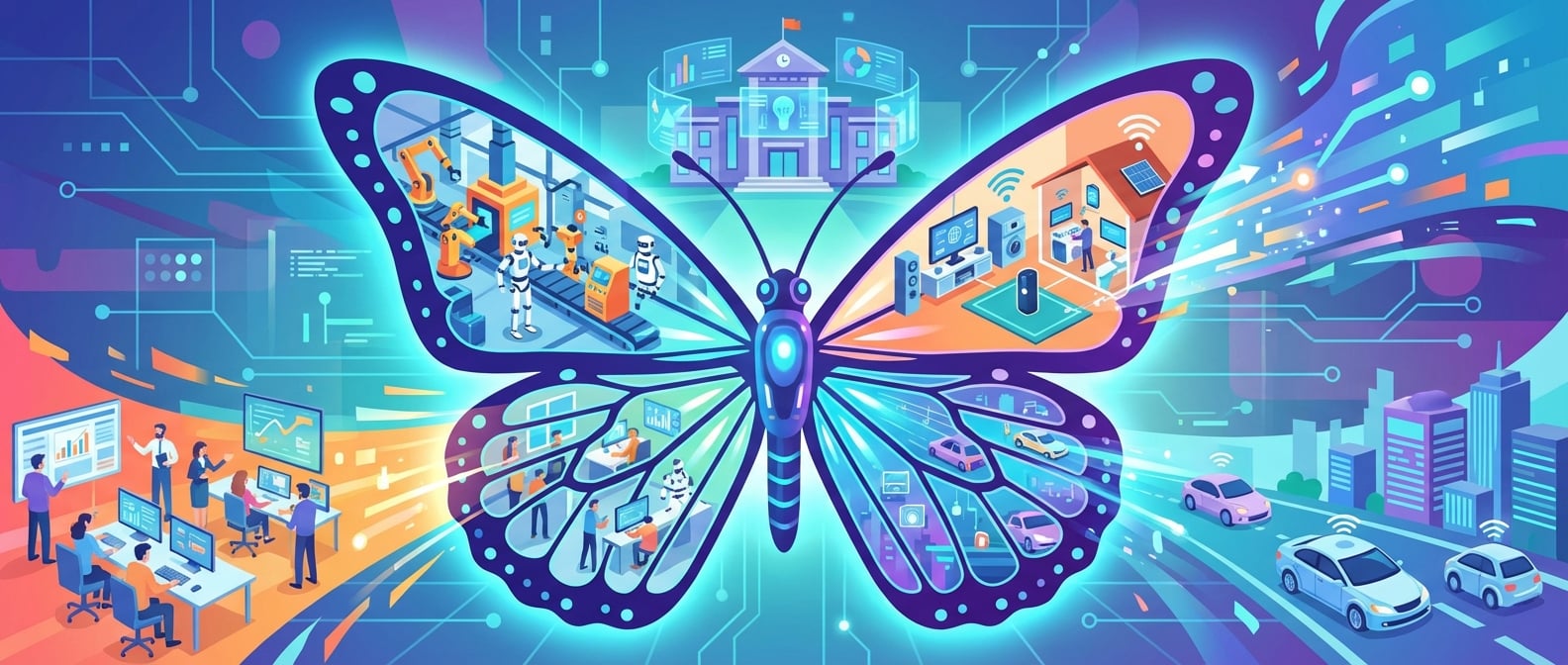 文生图:扁平插画风格,画面中心是一只巨大的、发光的机械蝴蝶(象征AI的“蝴蝶效应”),它的翅膀上映射出不同的场景:左翼是繁忙的智慧工厂和协作的办公室(工作),右翼是智能家居和自动驾驶汽车(生活),蝴蝶的头部和触角指向一座现代化的教育大楼(教育)。蝴蝶扇动翅膀,数据流和光线向四周扩散,连接并改变着这些场景。背景是抽象的数字网络。色彩明亮,突出变革与互联。