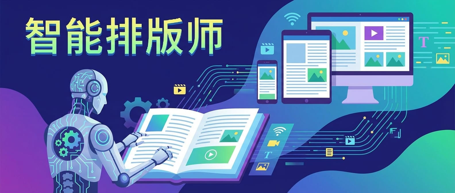 文生图:扁平插画风格,一个智能排版师(AI机器人)正在一本数字书籍前工作,屏幕上显示着不同屏幕尺寸下的内容布局,书籍内容(文字、图片、视频)在不同尺寸下被智能调整,例如文字摘要、图片智能裁剪,背景是信息流动的线条和各种媒体符号,强调内容自适应和优化。