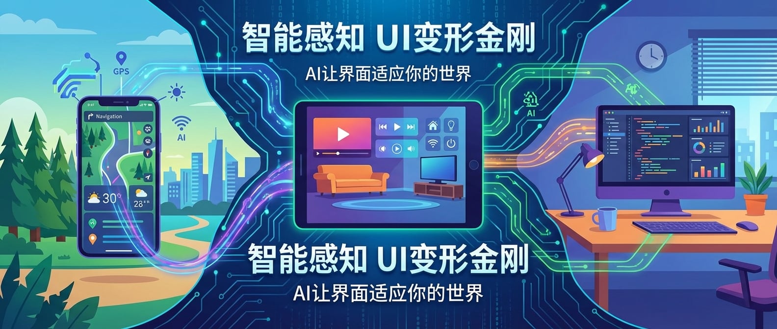 文生图:扁平插画风格,一个智能界面(UI)像变形金刚一样,在不同情境下(如手机在户外、平板在客厅、桌面在办公室)动态调整其布局和功能,背景是连接着传感器数据(地理位置、光线、网络信号)的流动线条,象征AI的情境感知能力,画面充满科技感和适应性。
