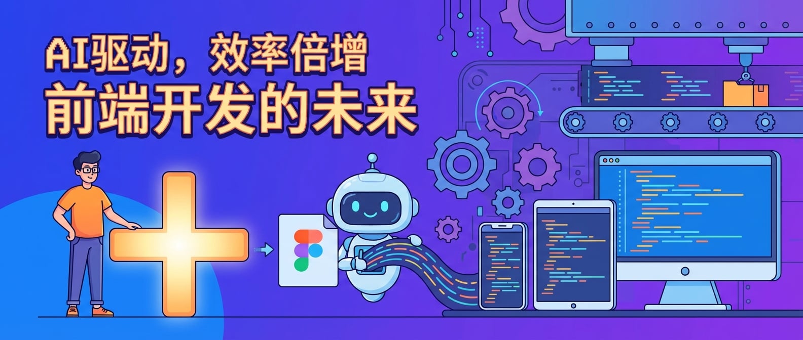 文生图:扁平插画风格,一位前端开发者站在一个巨大的“+”号旁边,这个“+”号象征着效率的倍增,AI助手(一个可爱的卡通机器人)正在将一份设计稿(Figma/Sketch)快速转换为前端代码,代码在不同屏幕尺寸的设备(手机、平板、桌面)上同步呈现,背景是齿轮和生产线,象征着自动化和高效的开发流程。