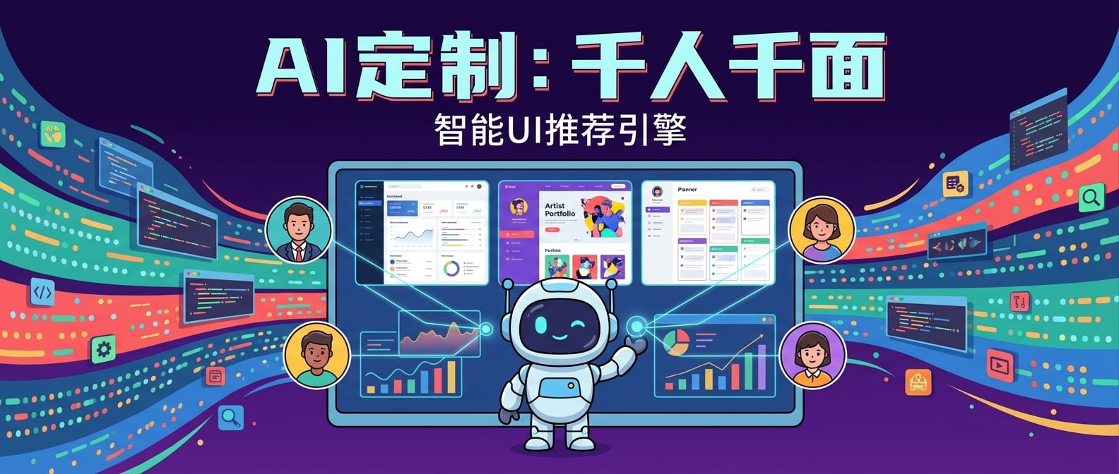 文生图:扁平插画风格,屏幕上显示着多个不同风格的UI布局,分别对应不同的用户画像(如商务人士、艺术家、学生),AI助手(一个可爱的卡通机器人)正在根据用户的头像和个人信息,将最合适的布局推荐给每个用户,背景是多彩的用户数据流,象征着“千人千面”的个性化定制。