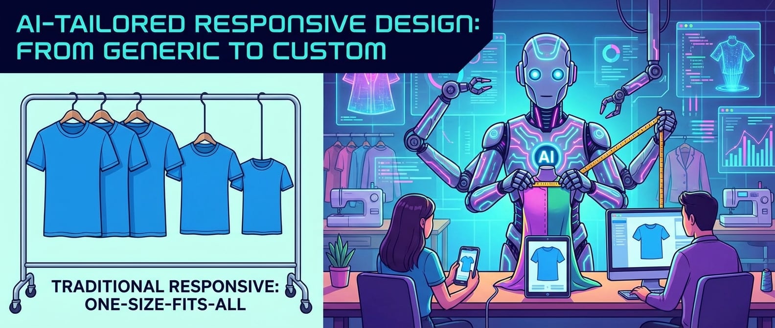 文生图:扁平插画风格,左侧是一排大小不一、样式雷同的服装模型,象征传统响应式设计的“均码服装”,右侧是一位AI机器人裁缝,正在为穿着不同尺寸屏幕(手机、平板、桌面)的用户量身定制服装,背景是充满活力的时尚工坊,表达了从通用到个性化定制的转变。