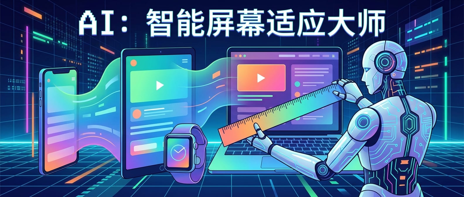 文生图:扁平插画风格,一个人工智能机器人手持一把测量尺,正在给一个多变的用户界面(UI)量身定制,UI在各种不同尺寸的屏幕(手机、平板、桌面、手表等)上自如切换,背景是未来感十足的数字网格,强调AI在智能适应屏幕方面的能力,色彩明亮而流畅。