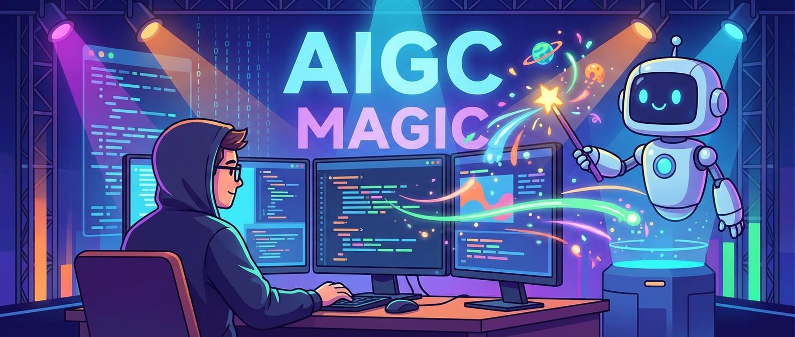 文生图:扁平插画风格,一位前端开发者在电脑前,屏幕上显示着流畅的UI动画和粒子特效,AI助手(一个可爱的卡通机器人)手持魔术棒,正在屏幕前变幻出各种神奇的动效,背景是舞台和闪耀的灯光,象征着AIGC在动效创作中的魔术般能力。