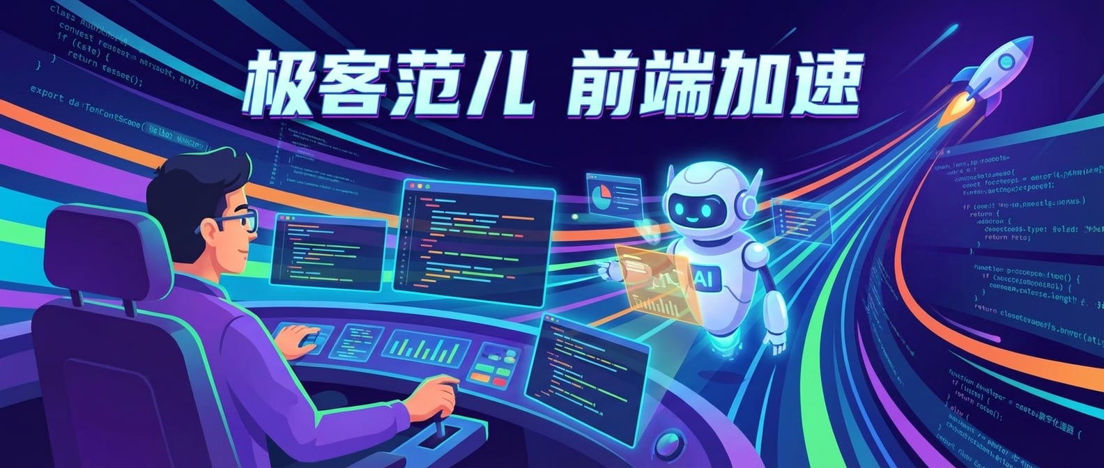 文生图:扁平插画风格,一位前端开发者坐在驾驶舱内,面前的屏幕上代码自动生成,旁边一个AI机器人(超级副驾)正在提供智能建议和操作,背景是高速飞驰的数字化道路,象征着编码效率的火箭式提升,画面充满科技感和速度感。